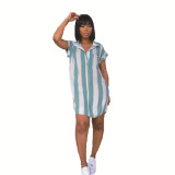 Women Casual Turndown Collar Buttoned Short Sleeve Striped Shirt Dress