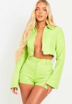 Women Zip Long Sleeve Jacket + Shorts Solid Color Two Piece Set