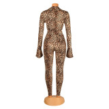 Women Sexy Autumn Long Sleeve Leopard Top + Pant Two-piece Set