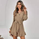 Autumn And Winter Women'S V-Neck Long Sleeve Fashion Solid Color Ruffled Jumpsuit