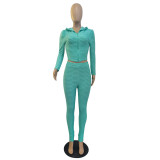 Women'S Solid Color Zip Long Sleeve Elastic Sports Two-Piece Pants Set