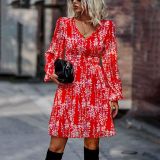 Spring And Autumn Floral Print V-Neck Long Sleeve Casual Dresses