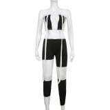 Black And White Stripes Contrast Patchwork Strapless Cropped Ribbon Vest High Waist Tight Fitting Pants Fashion Two Piece Set