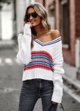 Fall Wowen Stripes V-Neck Long Sleeve Casual Sweater Slim Top
