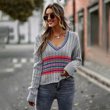 Fall Wowen Stripes V-Neck Long Sleeve Casual Sweater Slim Top