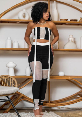 Black And White Stripes Contrast Patchwork Strapless Cropped Ribbon Vest High Waist Tight Fitting Pants Fashion Two Piece Set