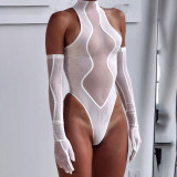 Summer Solid Fashion Sexy Mesh See-Through Slim Patchwork Tight Fitting Sports Jumpsuit