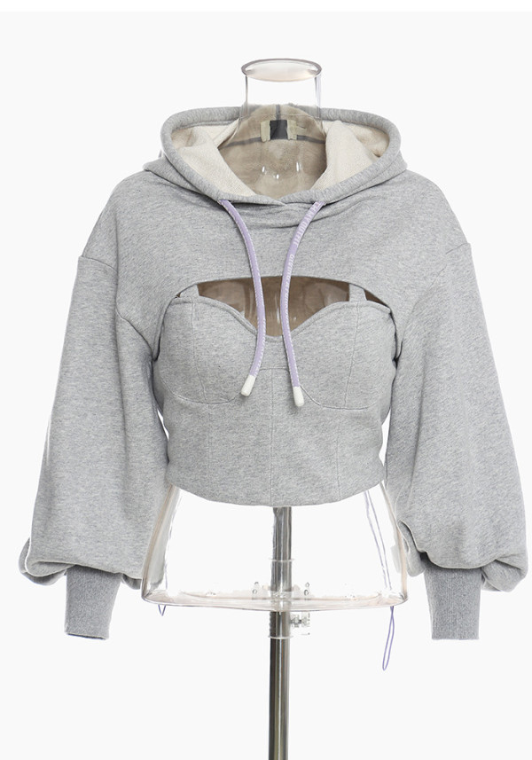 Autumn/Winterkeyhole Fake Two-Piece Long Sleeve Short Casual Hooded Outer Top Women'S Trend Pullover Hoodies