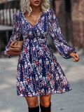 Spring And Autumn Floral Print V-Neck Long Sleeve Casual Dresses