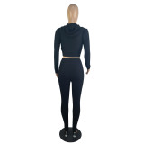 Women'S Solid Color Zip Long Sleeve Elastic Sports Two-Piece Pants Set