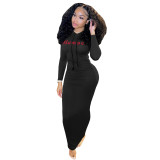 Women'S Fall Winter Fashion Casual Hooded Solid Ruched Long Dress
