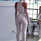 Summer Solid Fashion Sexy Mesh See-Through Slim Patchwork Tight Fitting Sports Jumpsuit