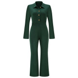Women'S Autumn And Winter Solid Long Sleeve Turndown Collar High Waist Casual Straight Jumpsuit