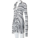 Women'S Fall Casual Stripes Long Sleeve Button Shirt Mini Skirt Two Piece Set