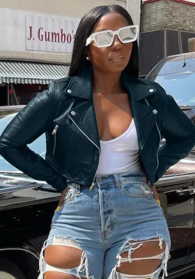 Fall Winter Women's Turndown Collar Side Zip Leather Buckle Bomber Jacket