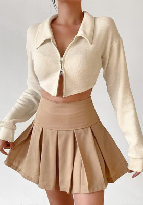 Zip Turndown Collar Short Jacket Fashion Chic High Waist Long Sleeve Slim knitting Cardigan Top