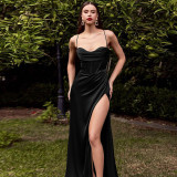 Pocket Collar Slit Satin Dress Women Chic Sling Low Back Plunging Satin Maxi Dress