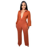 Autumn and winter women's solid color lantern sleeve v-neck loose waist straight jumpsuit