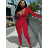 Women's sexy deep v long-sleeved trousers suit solid color elastic two-piece set for women