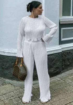 Sexy Loose Casual Pleated Long Sleeve Two Piece Pants Set