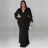 Plus Size Women's Solid Color Sexy Deep V Neck Long Sleeve Pleated Dress