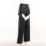 Inside Hollow Leather Pants Women's Autumn Street Trendy Loose Straight Pants