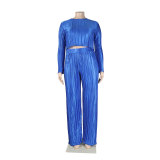 Sexy Loose Casual Pleated Long Sleeve Two Piece Pants Set