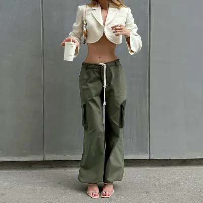 Cargo pants with knitting tie waistband and large pockets Fall fashion Casual loose straight trousers