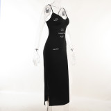 Knittingu Neck Print Strap Dress Fall Black Fashion Chic Sexy Low Back Long Dress