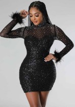 Sexy See-Through Mesh Feather Bodycon Slim Sequin Beaded Dress