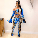 Women's Leopard Print One Shoulder Club Top and Pants Two Piece Set