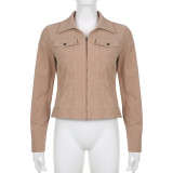 Vintage Corduroy Jacket American Cargo Pocket Zip Cardigan Slim Fit Turndown Collar Long Sleeve Top