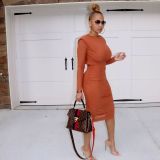 Fall Winter Women's Fitted Stretch Round Neck Pleated Shoulder Padded Long Sleeve Dress