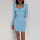 Fall Shoulder Pads Vintage Bodycon Long Sleeve Dress