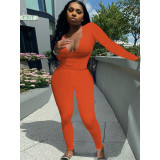 Women's sexy deep v long-sleeved trousers suit solid color elastic two-piece set for women