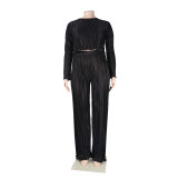 Sexy Loose Casual Pleated Long Sleeve Two Piece Pants Set