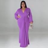 Plus Size Women's Solid Color Sexy Deep V Neck Long Sleeve Pleated Dress