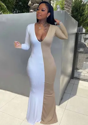 Women's Fashion Sexy Solid Color Contrast Patchwork V-Neck Elastic High Waist Long Sleeve Dress