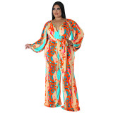 Plus Size Women Fall Print Sexy Off Shoulder Long Sleeve Jumpsuit
