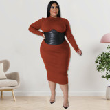 Plus Size Fall Women Zip Contrast Pu Leather Dress