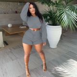 Women Casual Round Neck Long Sleeve Top+ Ruched Shorts Two-Piece