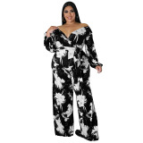 Plus Size Women Fall Print V-Neck Off Shoulder Jumpsuit