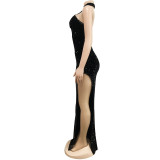 Women Sexy See-Through Solid Sequin Sleeveless Halter Neck Dress