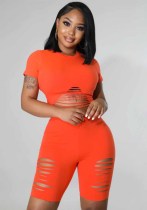 Women Summer Sexy Ripped Hollow Out Short Sleeve Top + Shorts Two-piece Set