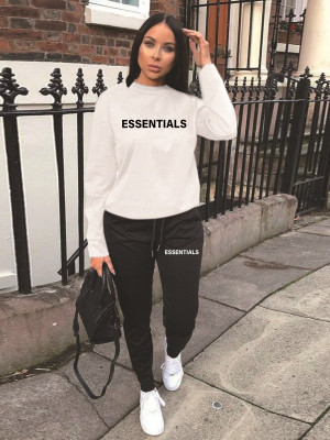 Women Letter Print Long Sleeve Top+ Pants Casual Sports Two Piece