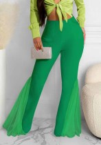 Women Sexy High Waist Slit Mesh Patchwork Pocket Bell Bottom Pants