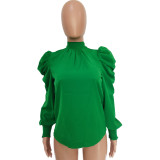 Women Solid Stand Collar Puffed Sleeve Top