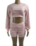 Women Casual Round Neck Long Sleeve Top+ Ruched Shorts Two-Piece