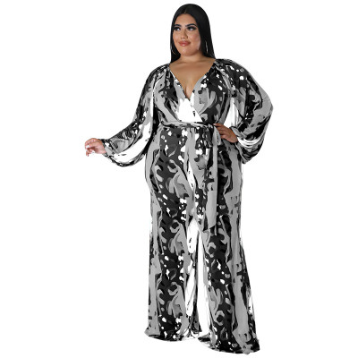 Plus Size Women Fall Print Sexy Off Shoulder Long Sleeve Jumpsuit