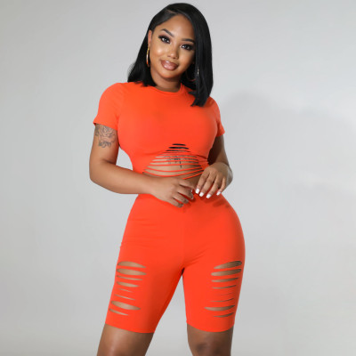Women Summer Sexy Ripped Hollow Out Short Sleeve Top + Shorts Two-piece Set